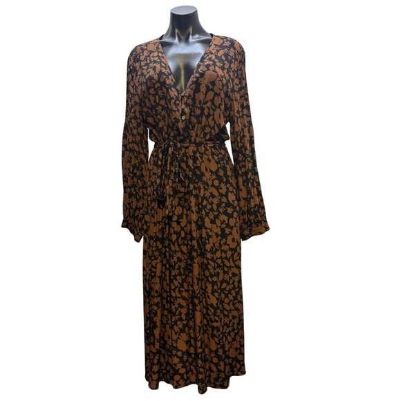 NWT Rails Brown & Black Floral Print Belted Maxi Dress L - Picture 6 of 8